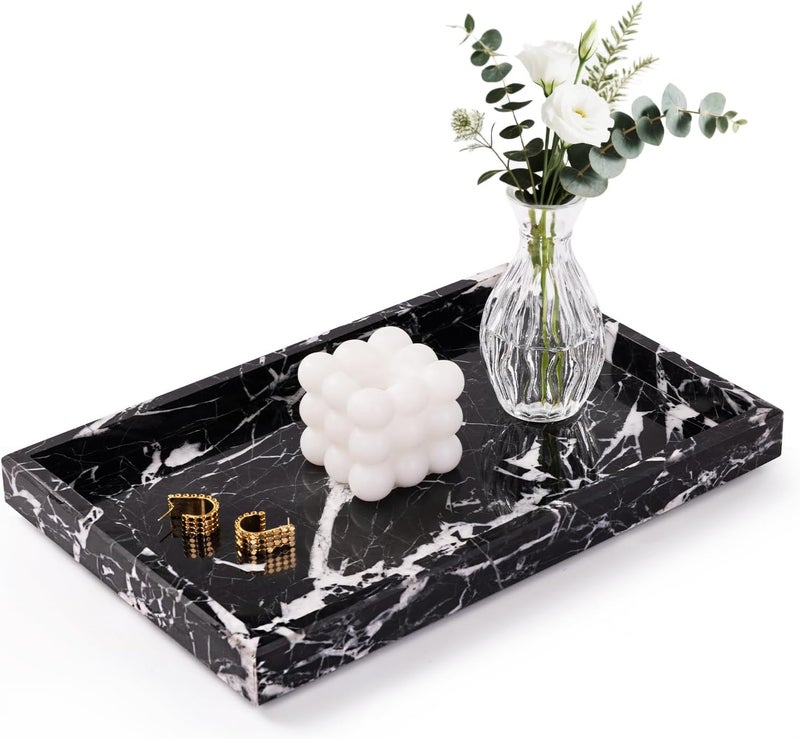 Homaura Marble Bathroom Tray for Countertop & Home Decor, Natural Decorative Marble Tray for Jewelry & Perfume Organizer, Luxury Stone Vanity Trays for Dresser, Kitchen Counter, 12" x 8", Black - Image 1